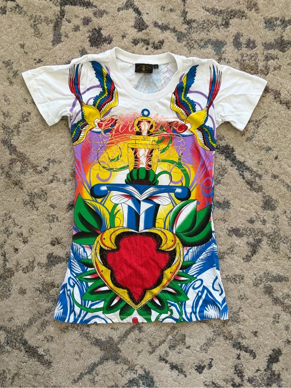 Y2K Christian Audigier “Ed Hardy” White Rhinestone T-Shirt - Picture 1 of 6